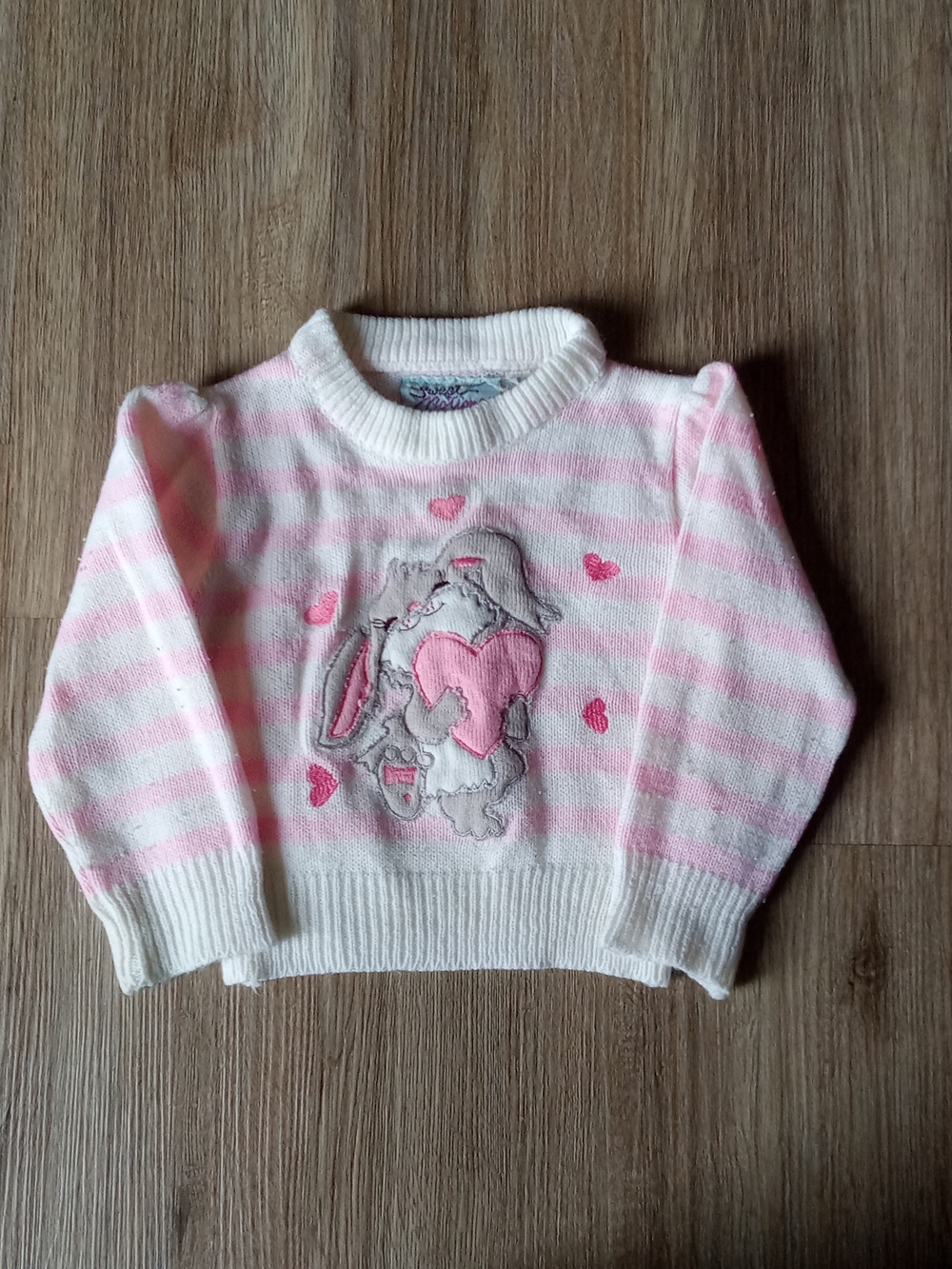 Vtg Sweet Nothings Striped Knit Pullover Sweater Girls 2T Pink White Heart Crew